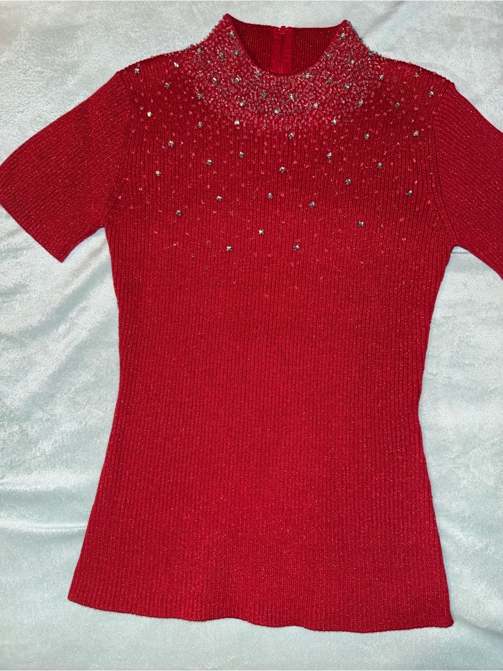 Red Short-Sleeve Embellished Knit Top